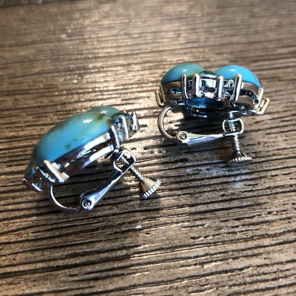 Faux Turquoise Clip Earrings Rhinestone Accents - Picture 7 of 8